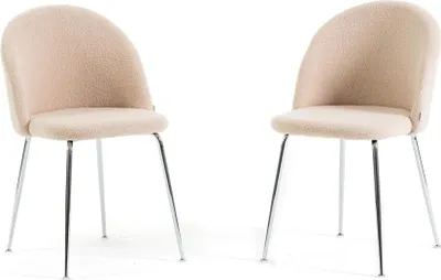 Produktbild von Set 2 Esszimmerstühle aus Teddy-Stoff, gepolstert mit Metallbeinen, moderne Stühle für Küche, Esszimmer, Bar und Restaurants SARA - Creme / Silber
