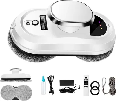 A white window cleaning robot with accessories laid out below it.