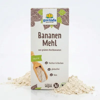 Produktbild von Govinda Natur Bananenmehl , 350 g, 370 kcal, 1548 kJ, 0,2 g, 3,3 g, 0,1 g