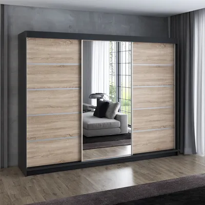 A modern sliding door wardrobe with a mirrored center panel, set against a concrete wall and wooden floor.