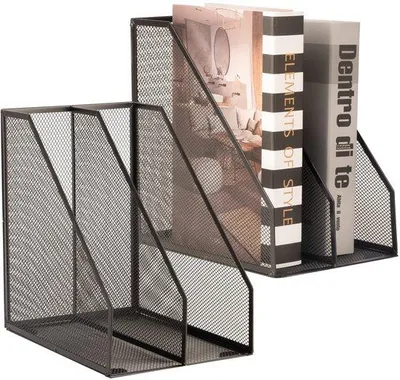 Imagen del producto de Uniqoos® - Juego de 2 organizadores metálicos para revistas y soportes para libros: diseño de malla delgado, que ahorra espacio para escritorio, estantería y oficina