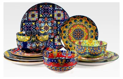 Produktbild von Keramik-Geschirr-Set für 4 Personen, 12-teiliges Porzellan-Set im Bohemian-Stil, einfaches Küchen-Dinner-Set, spülmaschinen- und mikrowellengeeignet