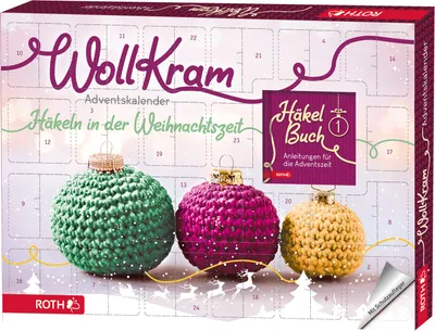 A product box for an advent calendar with crochet ornaments displayed on the front.
