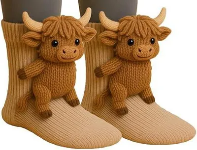 Produktbild von ASKSA 3D Stricksocken mit Tieren Animal Socks Winter Warme Umarmung Kuschelsocken Damen Herren Weihnachten Socken,Kuh