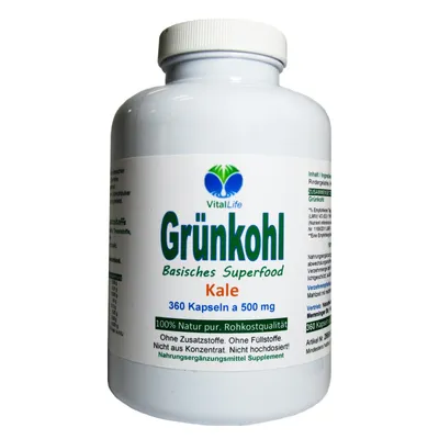 Produktbild von Grünkohl pur 360 Kapseln Vitalstoff Champion & Superfood - Sulforaphan Lutein Antioxidantien - Rohkostqualität. NATUR pur OHNE Zusatzstoffe.