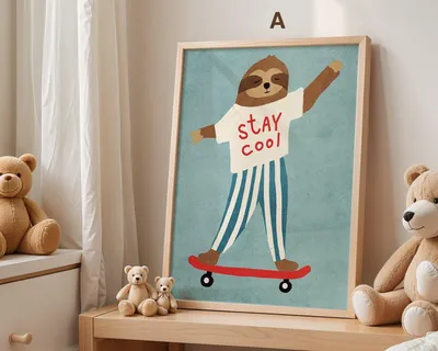 Produktbild von Skateboard Waldtiere Poster Kinderzimmer · Geschenkidee für Kinder · Fuchs Panda Bär Giraffe Faultier · Kinderzimmer Deko · Deko Print ohne Rahmen · Motiv A · 15×20cm