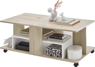 Produktbild von Couchtisch MONDELLO mit Ablageflächen und Rollen, Eiche und Weiß Optik