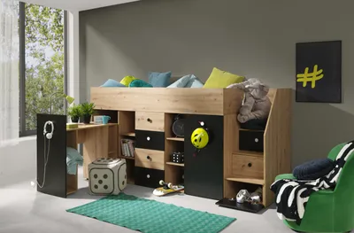 Produktbild von MINIO go for it, Hochbett mit Schreibtisch SMARTI 3 Schwarz Rechts