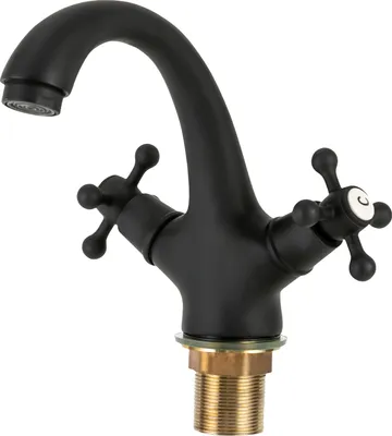 A black faucet with two cross-shaped handles and a brass threaded base, isolated on a white background.