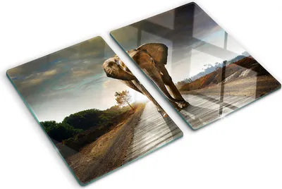 Produktbild von Tulup Glas Herdabdeckplatte - 2x40x52 cm - Glaskeramikkochfeld-Abdeckung Spritzschutz Glasabdeckplatte Kochplattenabdeckung und Schneidebrett - Zweiteilig - Tiere - Elefant - Braun