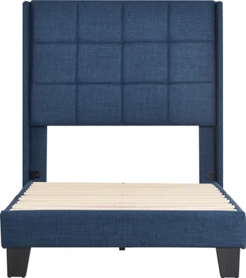 Produktbild von Merax Polsterbett 90x200cm mit Lattenrost und gepolsterten Kopfteil, Jugendbett aus Leinen, Blau