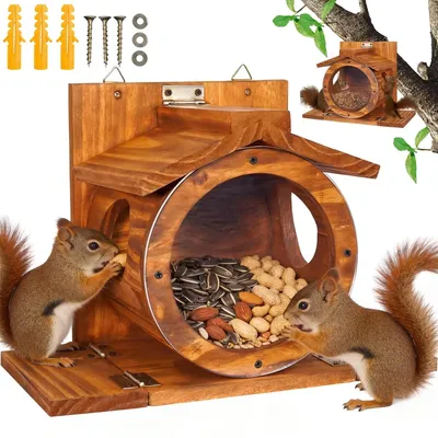 Produktbild von Eichhörnchen-Futterhaus - Wandmontierte Futterstation - Holz - Transparentes Sichtfenster - Für Eichhörnchen und Streifenhörnchen - Für Garten und Terrasse