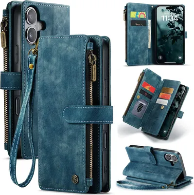 Immagine prodotto di Custodia in pelle per iPhone 17, custodia in Finto cuoio con cerniera, chiusura magnetica, tasca per carte, supporto, custodia a portafoglio blu