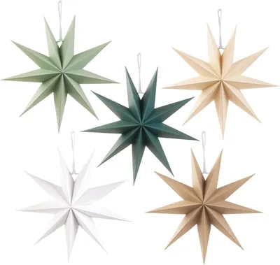 A collection of five paper stars of different colors and sizes, suspended against a white background.
