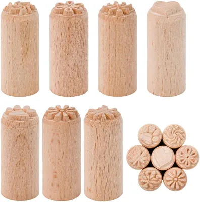 Productafbeelding van 7 stuks houten stempels, kleistempel, rond, keramiek, stempelset, hout, motiefstempel, kleistempel met 7 verschillende patronen, keramiek
