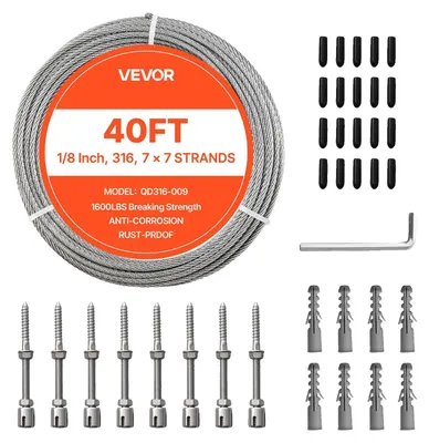 Image de Câble en acier inoxydable VEVOR, φ3,2 mm, longueur 12,2 m, résistance à la rupture 7,1 kN, toron 7x7 en acier, adapté aux poignées de terrasses et de clôtures de jardin.