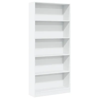 A white, five-shelf bookcase against a white background.