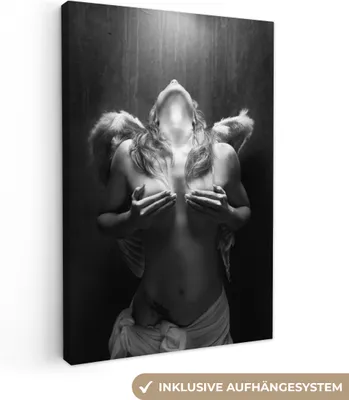 Produktbild von MuchoWow® - Leinwandbilder - Frau - Engel - Federn - Porträt - Schwarz-Weiß, Wandbild, Wanddeko Bilder Wohnzimmer, 80x120 cm