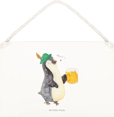 Produktbild von Mr. & Mrs. Panda Schild Pinguin Bier DIN A5 - Weiß - Geschenk, , wandtafel, holzbild, Pinguine, Holzschild, Beschwippst, Wandbild Holz, Türschild