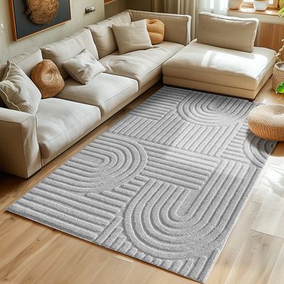 Hochflor Teppich Wohnzimmer Küchenteppich Schlafzimmer Flur Skandi Boho Teppich 3D Design Flauschig Weich , Größe : 200 x 290 cm , Farbe : Silber