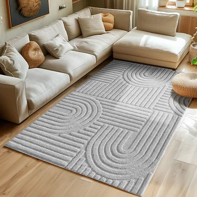 Produktbild von Hochflor Teppich Wohnzimmer Küchenteppich Schlafzimmer Flur Skandi Boho Teppich 3D Design Flauschig Weich , Größe : 200 x 290 cm , Farbe : Silber