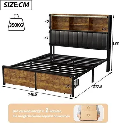 Immagine prodotto di Letto matrimoniale con spazio contenitore - 160x200 cm - design industriale - metallo - nero