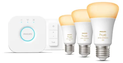 Produktbild von White Ambiance Starter-Kit E27 (drei Lampen, eine Hue-Bridge, ein Dimmschalter, ersetzt 60 Watt)