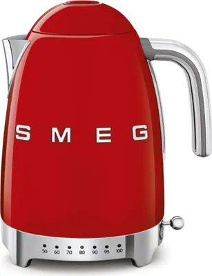 A red Smeg electric kettle is shown against a white background.