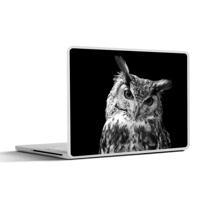 Produktbild von MuchoWow® Laptop Aufkleber Sticker Cover Porträt einer braunen Eule auf schwarzem Hintergrund - schwarz und weiß 25x18 cm - Laptop-Deko