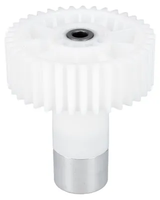 A white plastic gear with a metal shaft on a white background.