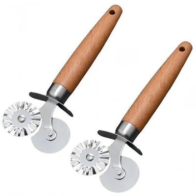 Image de Ensemble de 2 rouleaux à pâte Unyqoos®, en acier inoxydable et alliage de zinc, avec manches en bois, avec motifs ondulés et lisses – idéal pour les raviolis, les maultaschen et les pâtes