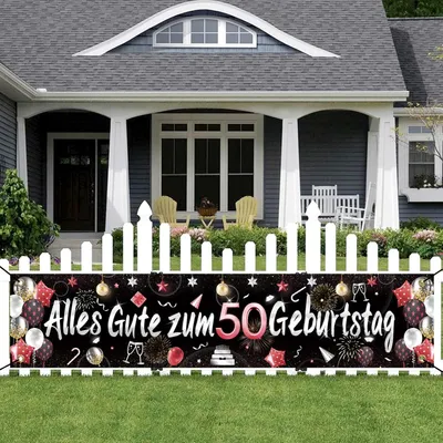 Productafbeelding van Verjaardagsbanner, 50e verjaardag, 180 x 40 cm, zwart/rood, met sterren en ballonnen voor een feest