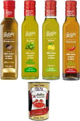 Produktbild von Pantaleo Aromatisiertes Olivenöl Extra Vergine Set – 4x250ml (Trüffel, Basilikum, Zitrone, Chili) + Italian Gourmet Tomatenpolpa 400g – 100% Italienisch