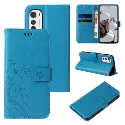 Produktbild von Handyhülle für Motorola Moto E32 Floral Blumen Schmetterling Flip Cover Hülle Case Klapphülle Handytasche Farbe: Blau