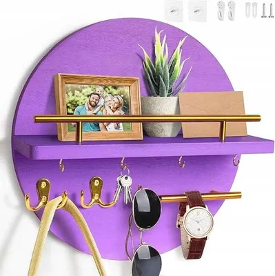 Zdjęcie produktu dla Drewniany wieszak na klucze z półką ścienny organizer fioletowy 32x32 cm