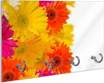 Produktbild von Wallario Schlüsselbrett aus Glas, Motiv: Bunte Gerberas - pinke, gelbe, rote und weiße Blüten, 30 x 20 cm mit 4 Haken