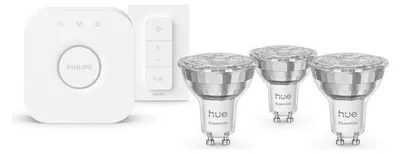 Produktbild von Philips Hue White and Color ambiance Basis Starter-Set: 3 smarte Lampen GU10 (345 lm) + Dimmer Switch, Set für intelligente Beleuchtung, Bluetooth/Zigbee, Weiß, LED, GU10, GU10