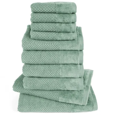 Produktbild von Pure Label 10-TLG Handtücher Set mit Aufhängeschlaufen aus Baumwolle - 2x Badetuch 70x140 cm 4x Handtuch 50x100 cm 4x Gästetuch 30x50 cm, Grün