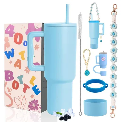 Immagine prodotto di Bicchiere termico da 40 once con manico e cannuccia, colore blu cielo, in acciaio inossidabile, set da 7 pezzi