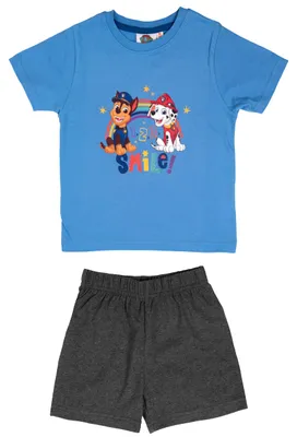 Produktbild von Paw Patrol Schlafanzug für Jungen - 1, 2, 3, Smile! Kinder Pyjama Set Kurzarm Oberteil mit Hose Blau/Grau 110-116