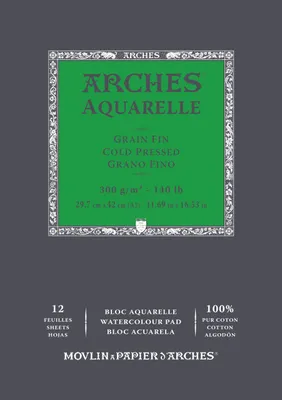 Productafbeelding van Arches Aquarel - 100% fijn - 300 g - Verlijmd blok - A3 - 12 vellen - Natuurlijk wit