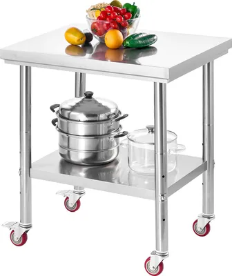 Immagine prodotto di VEVOR tavolo da lavoro in acciaio inox Tavolo da cucina (76 x 60 cm) per la preparazione dei cibi con ruote, tavolo da preparazione con ripiano inferiore regolabile per cucine commerciali ristoranti hotel garage esterni