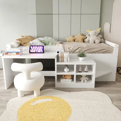 Obrázek produktu pro okwish Dětská postel 90x200 Patrová postel s úložnými přihrádkami, dřevěná postel s psacím stolem, postelový rám s evropskými zásuvkami, bez matrace, Bílá