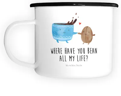 Produktbild von Mr. & Mrs. Panda Pott Kaffee Bohne - Weiß - Geschenk, Große Tasse, Zufriedenheit, Lustige Sprüche, Emaille Kaffeebecher, Teetasse, Genuss, Kaffeebohne, Haferl, Glück