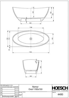 Produktbild von Badewanne Namur 1700 x 750 x 450 mm, freistehend wei