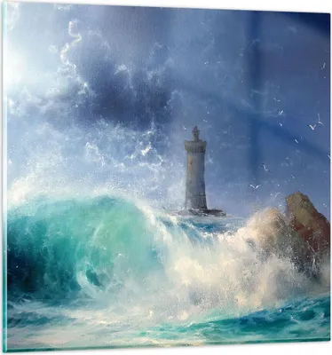 Produktbild von Bilder auf glas - Leuchtturm Meer - 60x60cm - Glasbilder - Wandbilder - Kunstdruck - zum Aufhängen bereit - Wanddekoration aus Glas - Glas Bilder - Wandbild auf Glas - Einteilig - GAC60x60-3576