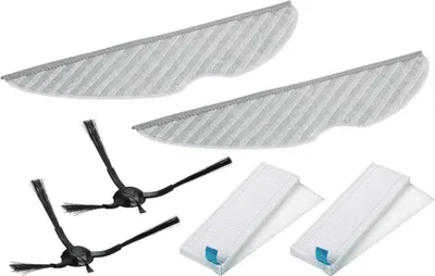 A set of cleaning accessories for a robot vacuum cleaner, including mop pads, side brushes, and filters, laid out on a white background.