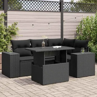 Produktbild von 5-tlg. Garten-Sofagarnitur mit Kissen Schwarz Poly Rattan