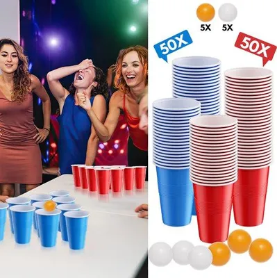 Produktbild von Partybecher, 50 Rote + 50 Blaue Becher, 10 Tischtennisbälle, Reisfähige Cocktailbecher für Feiern, Weihnachten, Geburtstag, Hochzeit