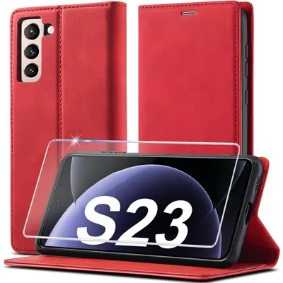 Produktbild von Handyhülle Leder Klappbar für Samsung Galaxy S23 Rot mit Kartenfächern & Ständer